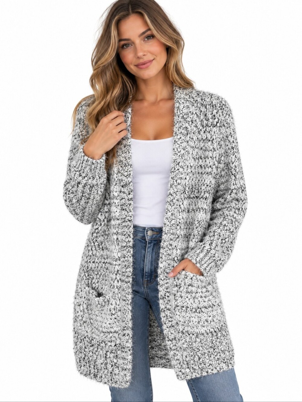 Dynamite Women’s P/S Long Fuzzy Open Front Cardigan Black White Marled Knit